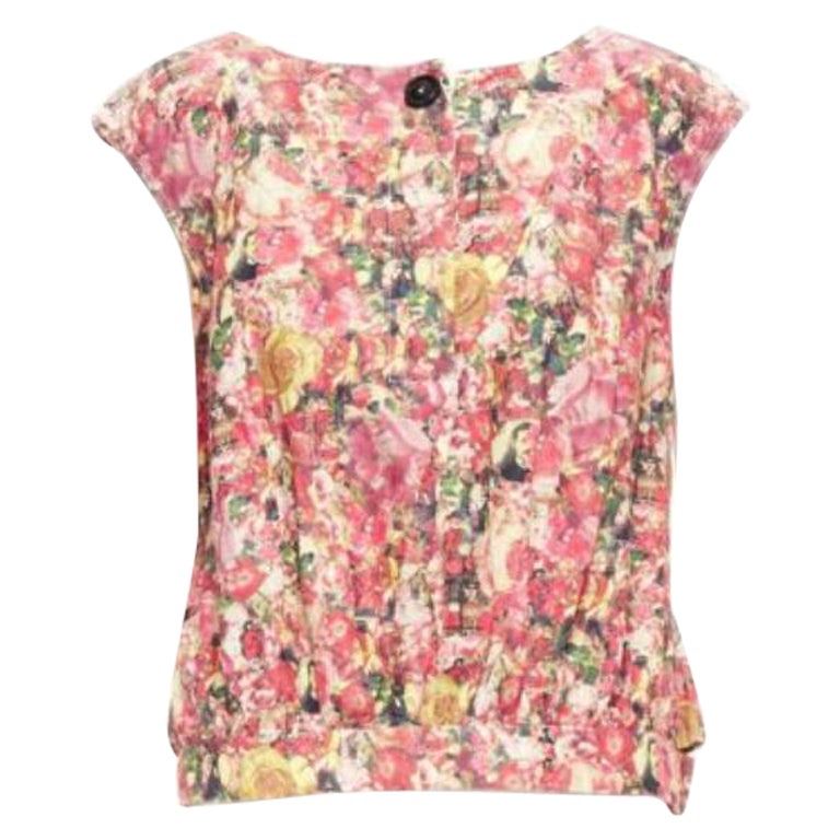 MARNI pink green floral print black button boxy vest top IT38 XS For Sale