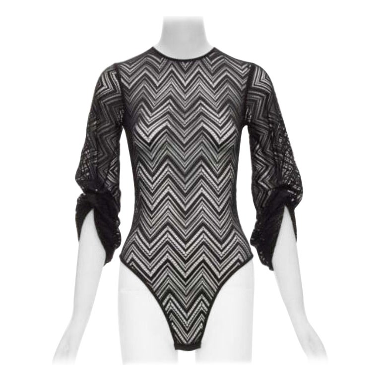 ROLAND MOURET black chevron lattice lace draped charm sleeves bodysuit top XS