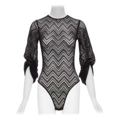 ROLAND MOURET black chevron lattice lace draped charm sleeves bodysuit top XS