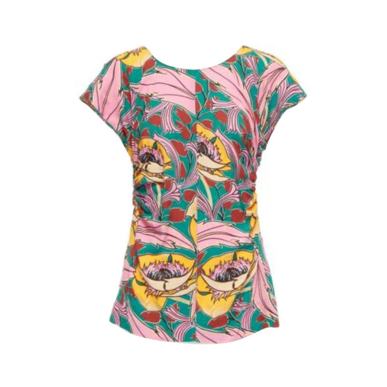 MARNI pink green floral illustration print gathered side cap sleeve top IT38 XS For Sale