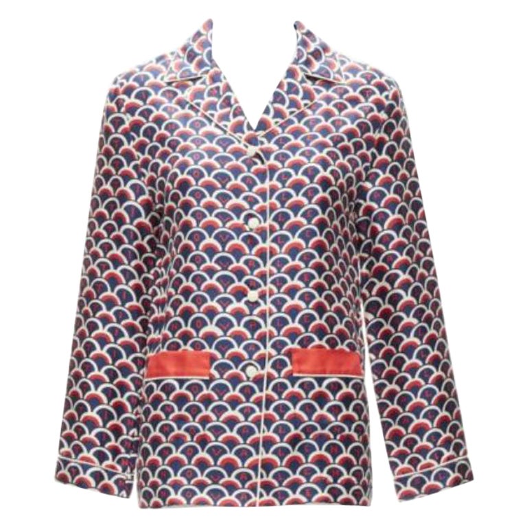 VALENTINO  100% silk Scale navy red logo print pajama shirt IT36 XXS For Sale