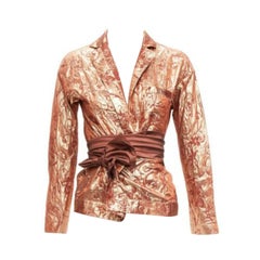 ROMEO GIGLI Vintage metallic rose gold baroque jacquard wrap belted shirt IT44 L