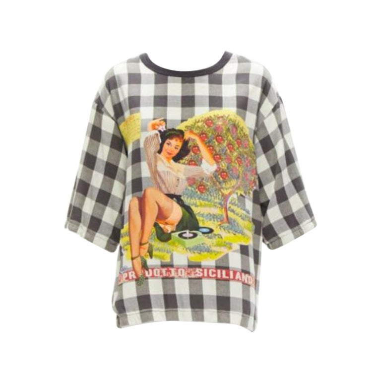 DOLCE GABBANA 100% silk pinup girl print checkered boxy tshirt top IT44 L