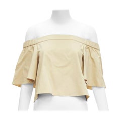 TIBI 100% cotton khaki off shoulder bell sleeves flared cropped top US0 XS