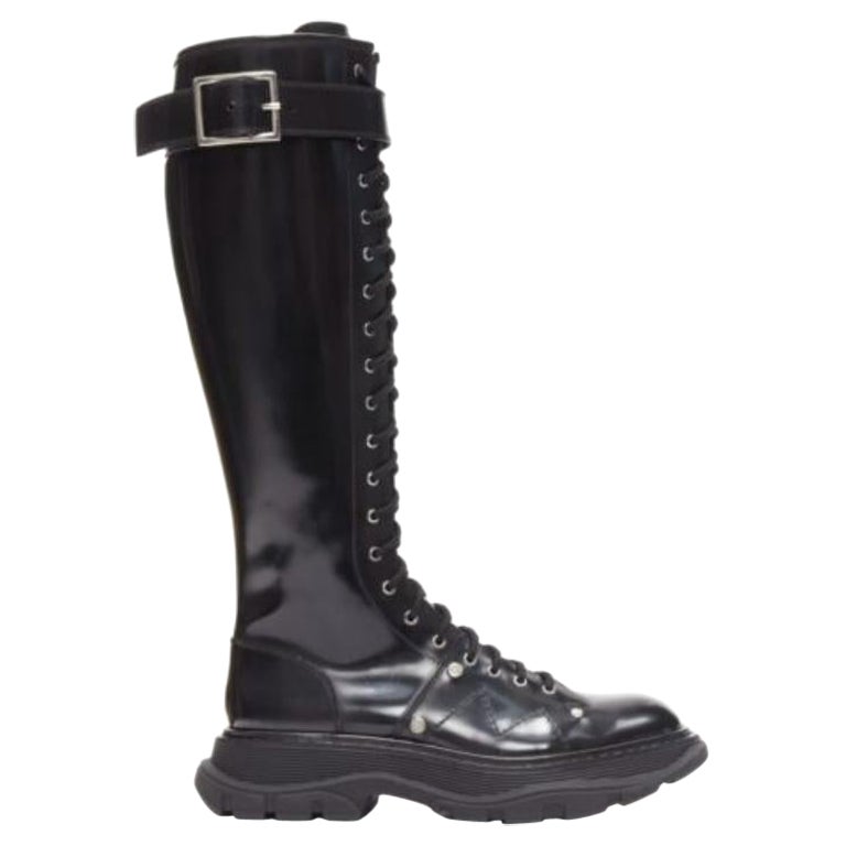 ALEXANDER MCQUEEN Tread black leather lace up combat knee high boot EU39