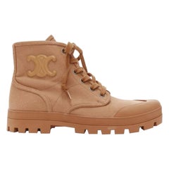 CELINE Patapans Triomphe brown canvas leather patch lace up combat boots EU37