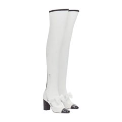 CHANEL 2023 Runway black toe cap white bow CC fishnet thigh high heels EU38.5