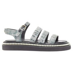CHANEL metallic grey metallic jacquard pearl embellished dad sandals EU38