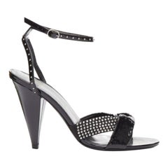 CELINE Hedi Slimane black patent leather silver crystals sandal heels EU38