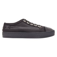 CHANEL black satin CC logo silver pearl grommet laced low top sneaker EU38