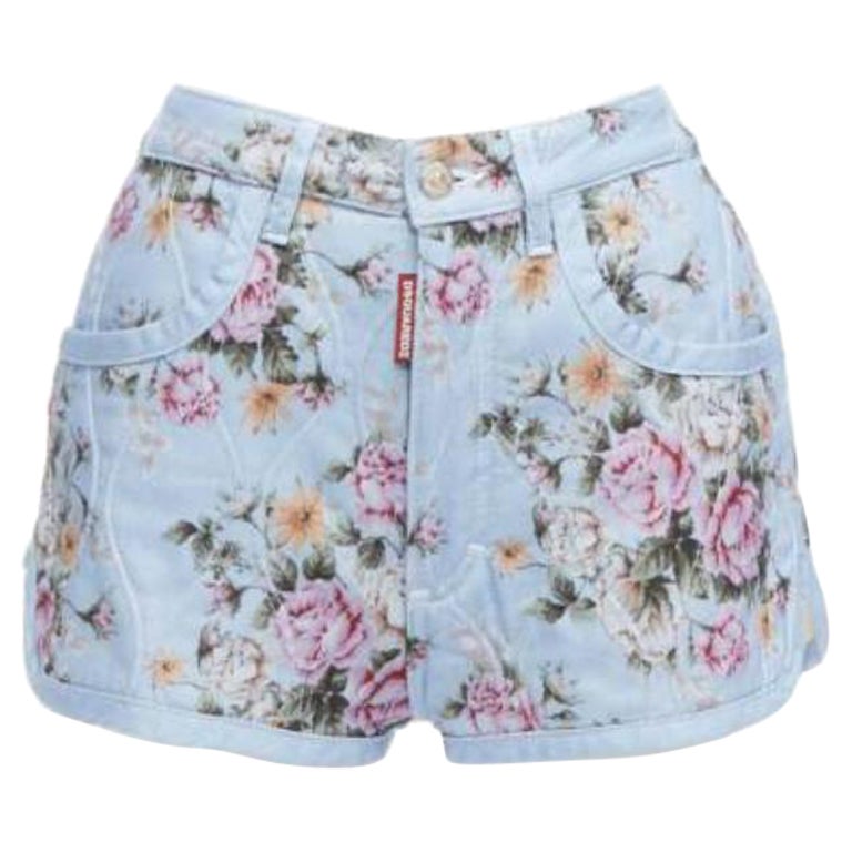 DSQUARED2, short fleuri vintage bleu matelassé en coton mélangé à taille haute