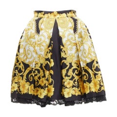 VERSACE 2018 100% silk Barocco Hibiscus print lace trimmed flared skirt IT36 XS