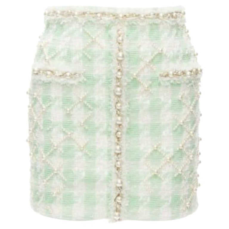 BALMAIN 2023 green white tweed pearl embellished preppy mini skirt FR34 XS For Sale