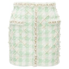 BALMAIN 2023 green white tweed pearl embellished preppy mini skirt FR34 XS