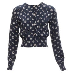 CHANEL 2023 navy white CC 5 perfume logo cotton cropped cardigan FR34 XS