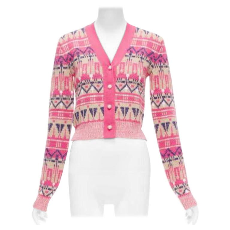 PACO RABANNE cardigan court rose en laine mélangée métallique avec perles de fairisle et boutons XS