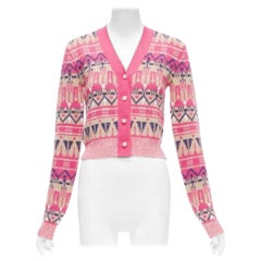PACO RABANNE pink wool blend metallic fairisle pearl button cropped cardigan XS