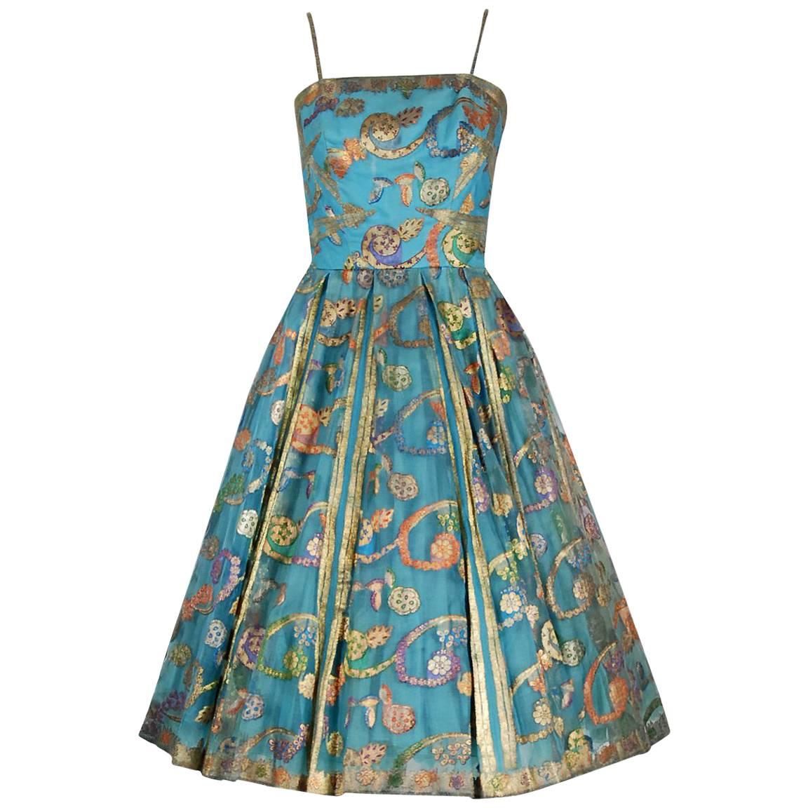 1950's Sophie Gimbel Metallic Turquoise Paisley Indian-Silk Full Party Dress