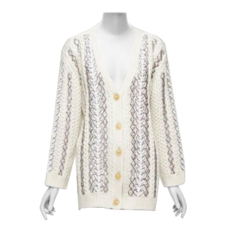 VALENTINO 2023 cream silver wool sequin logo embellished cardigan IT36 S