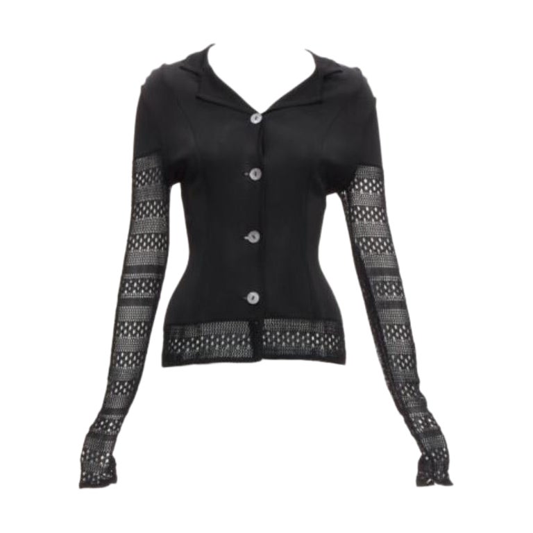 JOHN GALLIANO Vintage Schwarze geschichtete Strickjacke aus offenem Strick mit gehäkelten Ärmeln S im Angebot