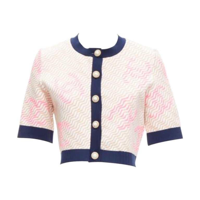 rare CHANEL pink applique logo twirl seashell button cropped cardigan FR38 M For Sale