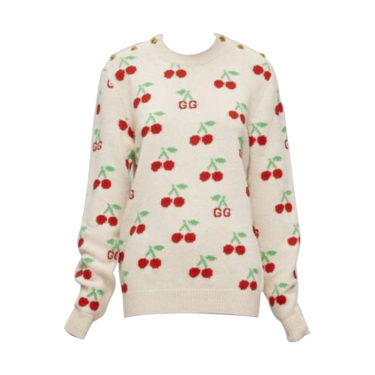 GUCCI 2023 beige red GG logo Cherries crew long sleeves sweater XS