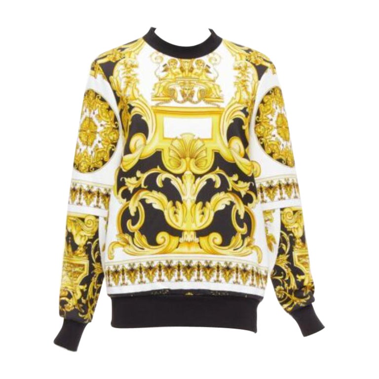 VERSACE Barocco Tribute black gold print cotton oversized crew sweater IT38 XS For Sale