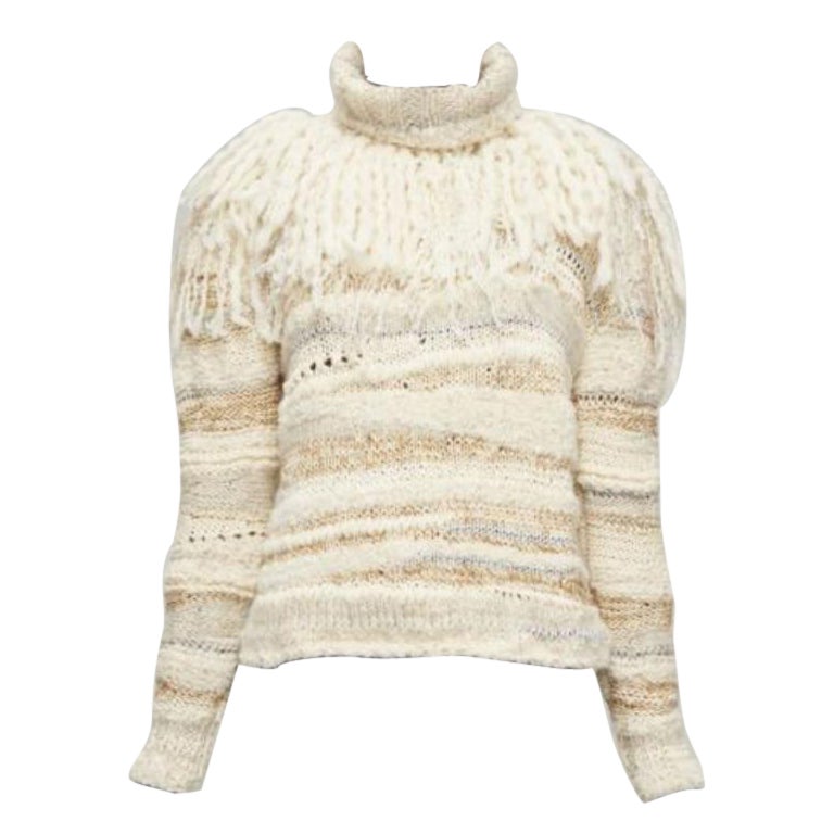 PRABAL GURUNG cream gold wool silk blend ethnic fringe crochet sweater XS For Sale