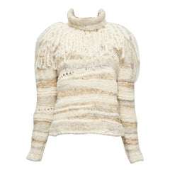 PRABAL GURUNG Cremefarbener und goldener Pullover aus Wollseidenmischung mit ethischen Fransen und Häkeln XS