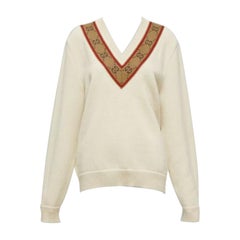 GUCCI 100% lana crema Maglione vintage Monogram GG con scollo a V Varsity S.I.V.A.