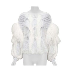 LOEWE white ostrich feather trim mohair loose cable knit jumper XS