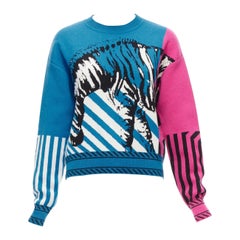 CHRISTIAN DIOR D-Jungle Pop Zebra grafischer blau-rosa Kaschmirpullover FR34 S
