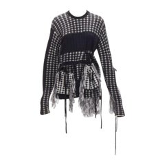 PORTS 1961 black white 100% virgin wool houndstooth pocket fringe sweater S