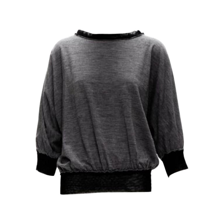 LANVIN 2005 Grauer bateau-Fledermaus-Pullover aus Wolle und Kaschmir mit Netzbesatz FR38 M