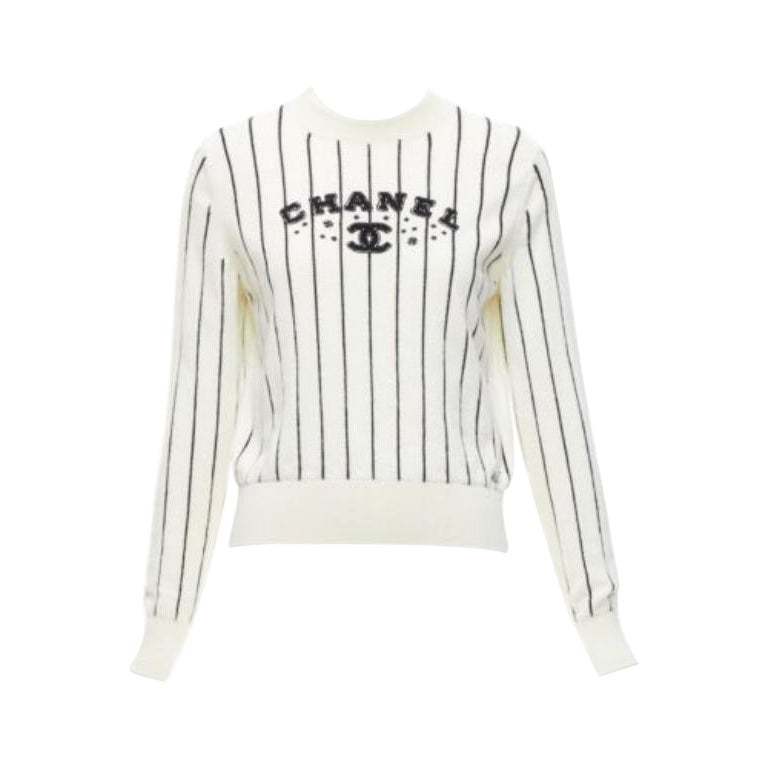 Chanel 2023 100% cachemire crème noir logo rayé pull varsity FR36 S en vente