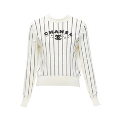 CHANEL 2023 100% cashmere cream black striped logo varsity sweater top FR36 S