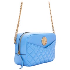 VERSACE blue lambskin leather quilted gold Medusa chain crossbody bag Medium