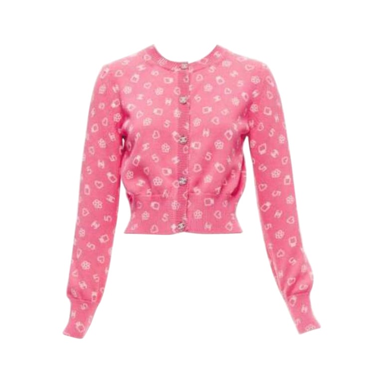 CHANEL 23C pink Number 5 perfume CC logo cropped cardigan FR36 S