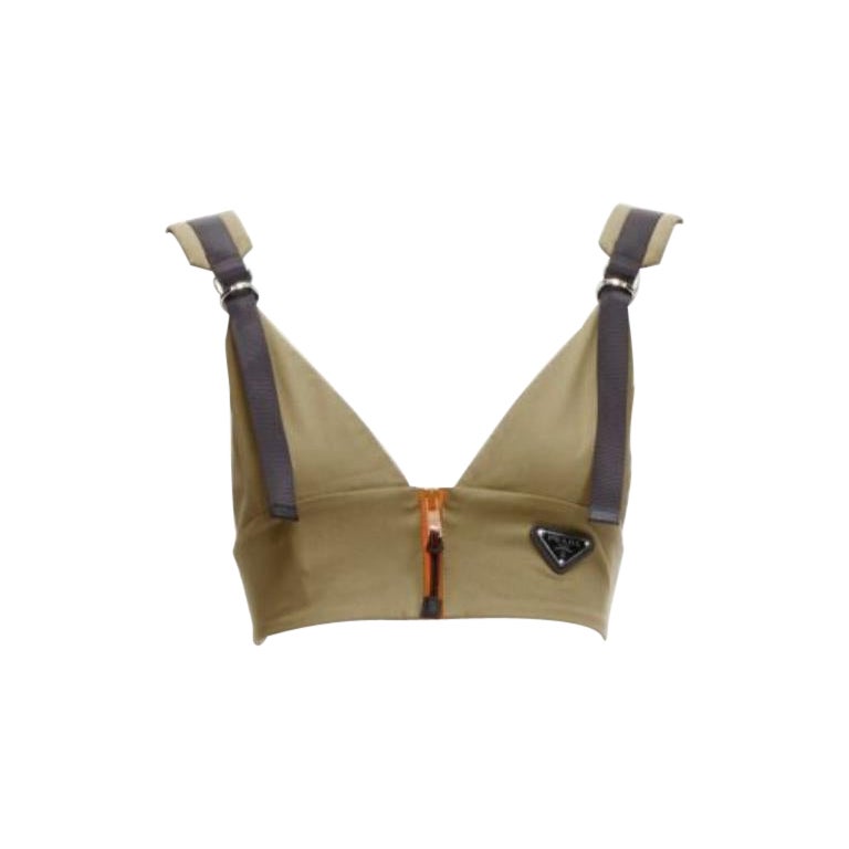 PRADA 2021 orange zip khaki green technical strap bra top IT38 XS For Sale