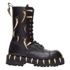 ROBERTO CAVALLI 2022 gold horn charm embellished black leather combat boots EU39