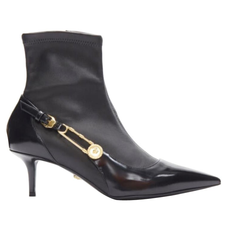 VERSACE gold Medusa Punk Safety Pin black leather kitten heel bootie EU39 For Sale