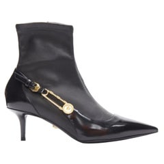 VERSACE gold Medusa Punk Safety Pin black leather kitten heel bootie EU39
