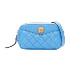 VERSACE blue lambskin leather quilted gold Medusa chain crossbody bag Small