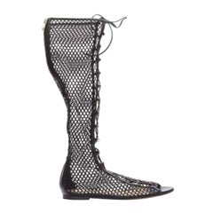 GIANVITO ROSSI Helena black crochet mesh gold rings lace up  sandals EU38