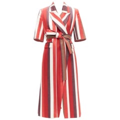 FRENKEN red bold graphic stripes cotton tie belt long coat IT34 XXS