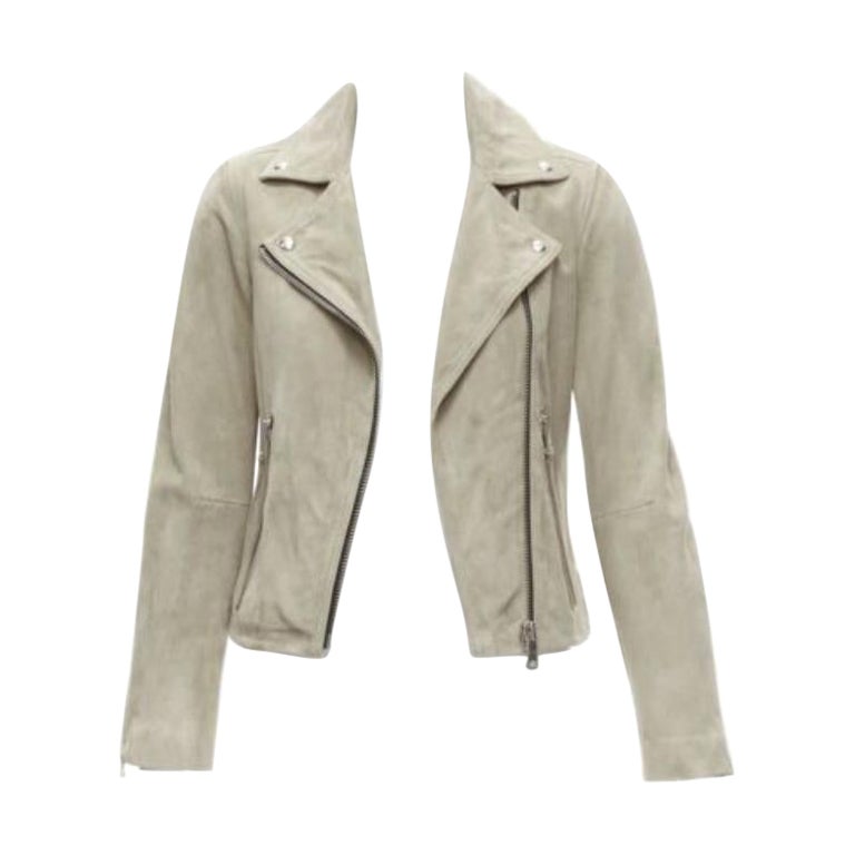 ALL SAINTS Chaqueta motera clásica Dalby de ante de cabra gris y herrajes plateados UK6 XS en venta