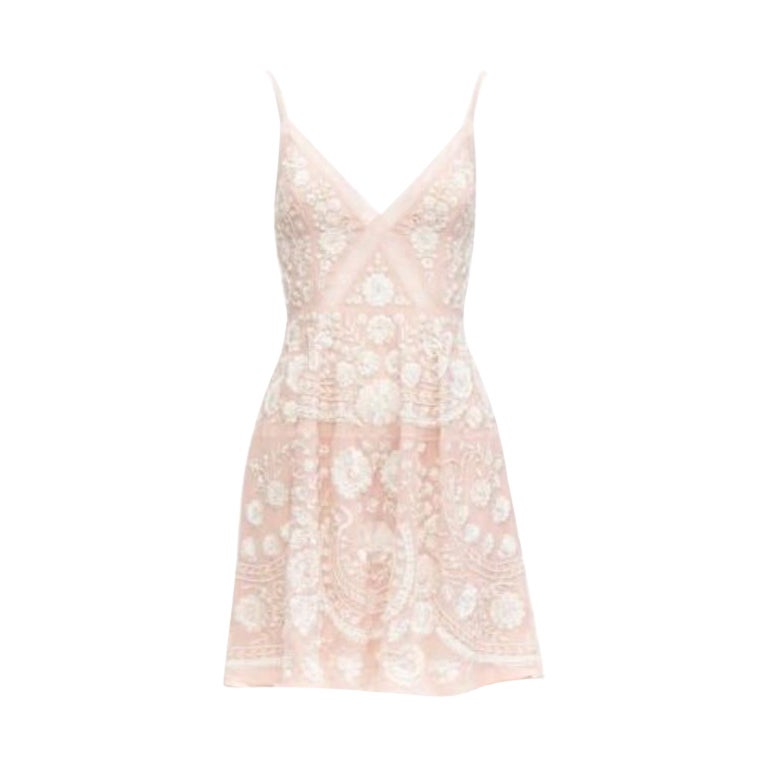 NEEDLE & THREAD pink cream beaded embroidery embellished chiffon dress UK4 XXS For Sale
