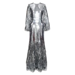 HUISHAN ZHANG silver sequins fringe detail silk lined mermaid gown dress UK6 XS