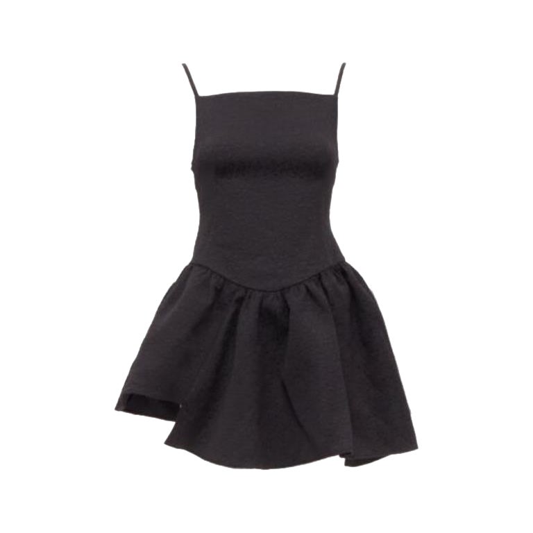 SHUSHU TONG black floral cloque spaghetti strap flounce skirt mini dress UK6 XS