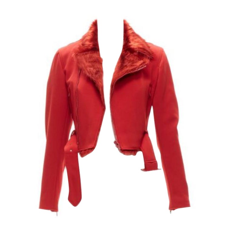 YOHJI YAMAMOTO red faux fur collar 3 stripes belted cropped biker jacket S For Sale